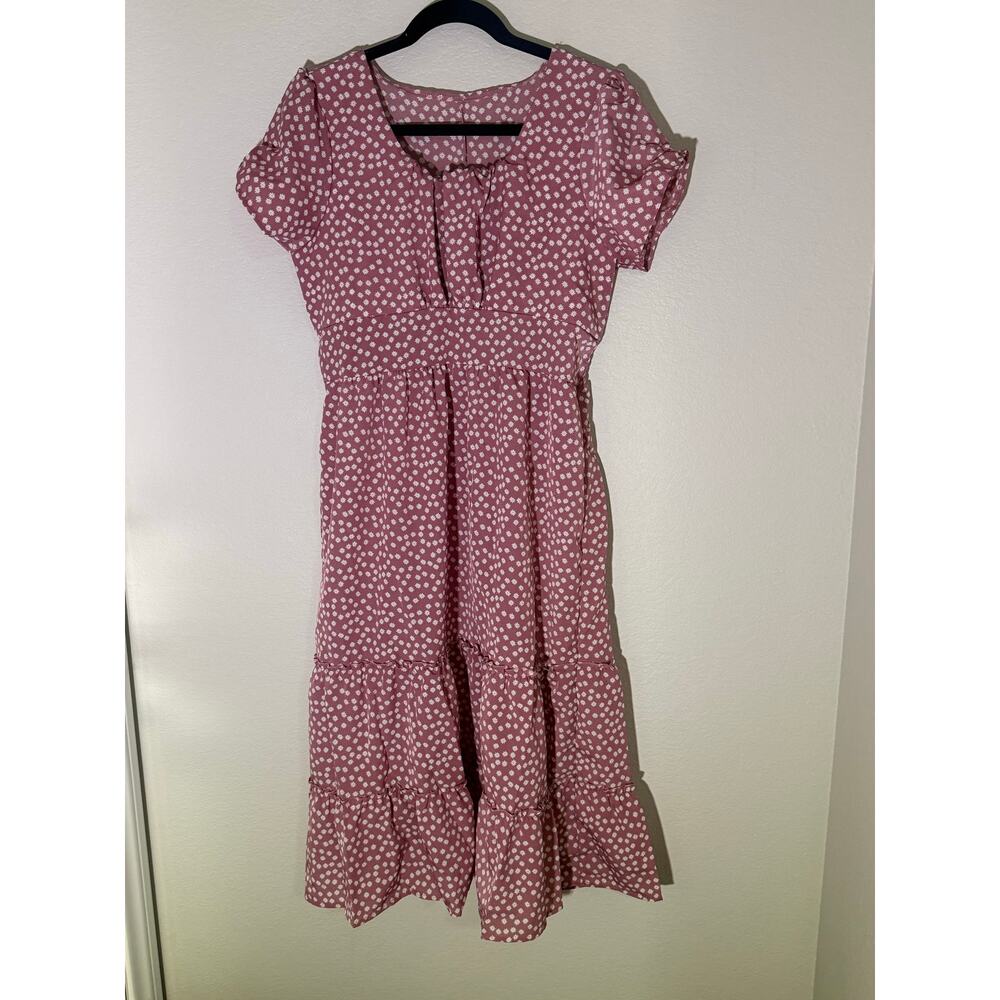 Women’s Pink Floral Puff Sleeve Midi Dress Medium Cottagecore Boho Tiered Daisy - Picture 2 of 7